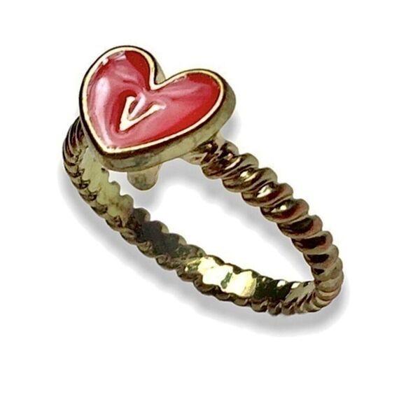 VTG Heart Ring Letter V Initial Size 7.25 Gold Tone Red Enamel Valentine's Day - Picture 6 of 6